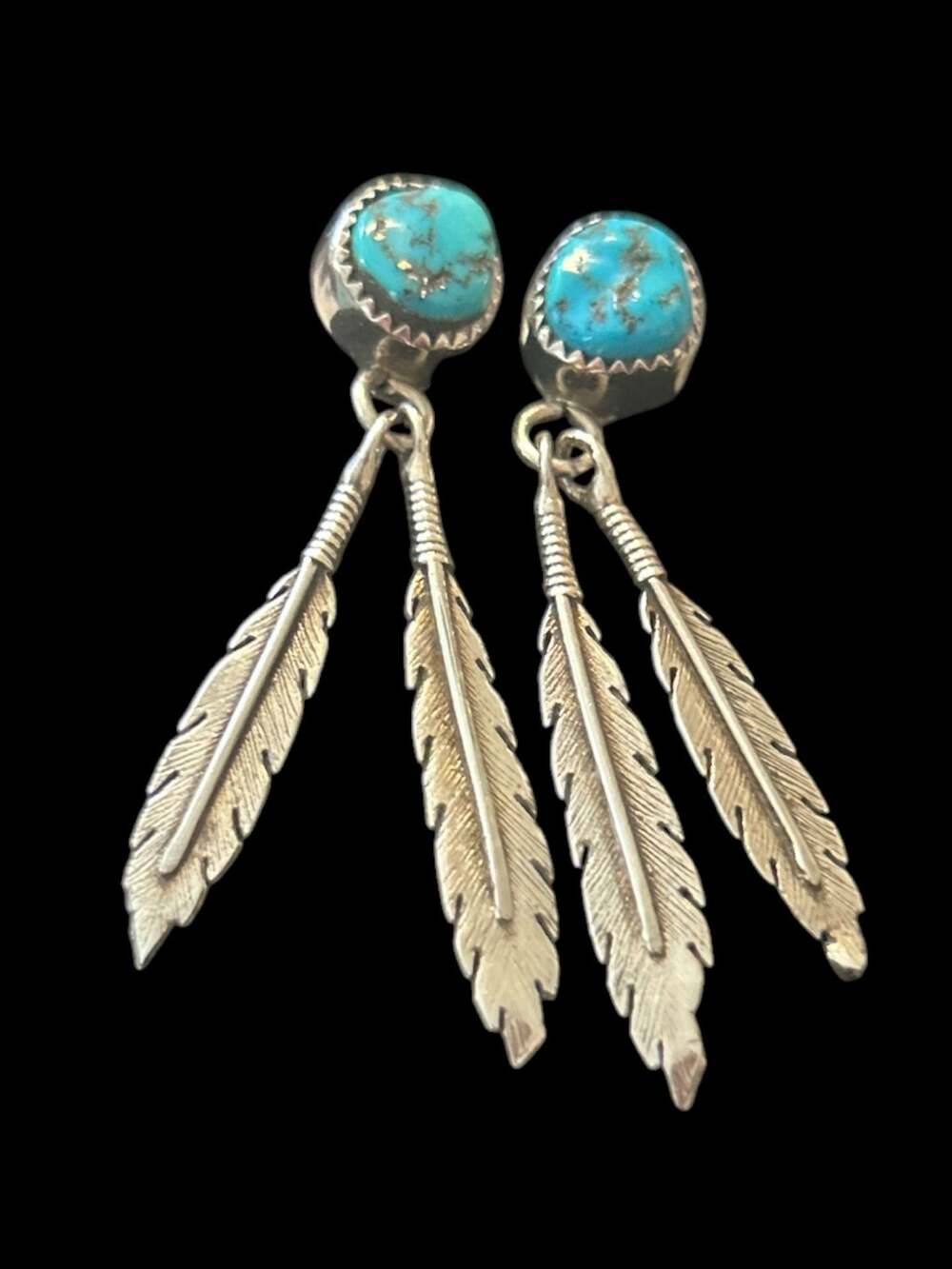 Navajo Handmade Sterling Silver and Turquoise Feather Dangle Earrings
